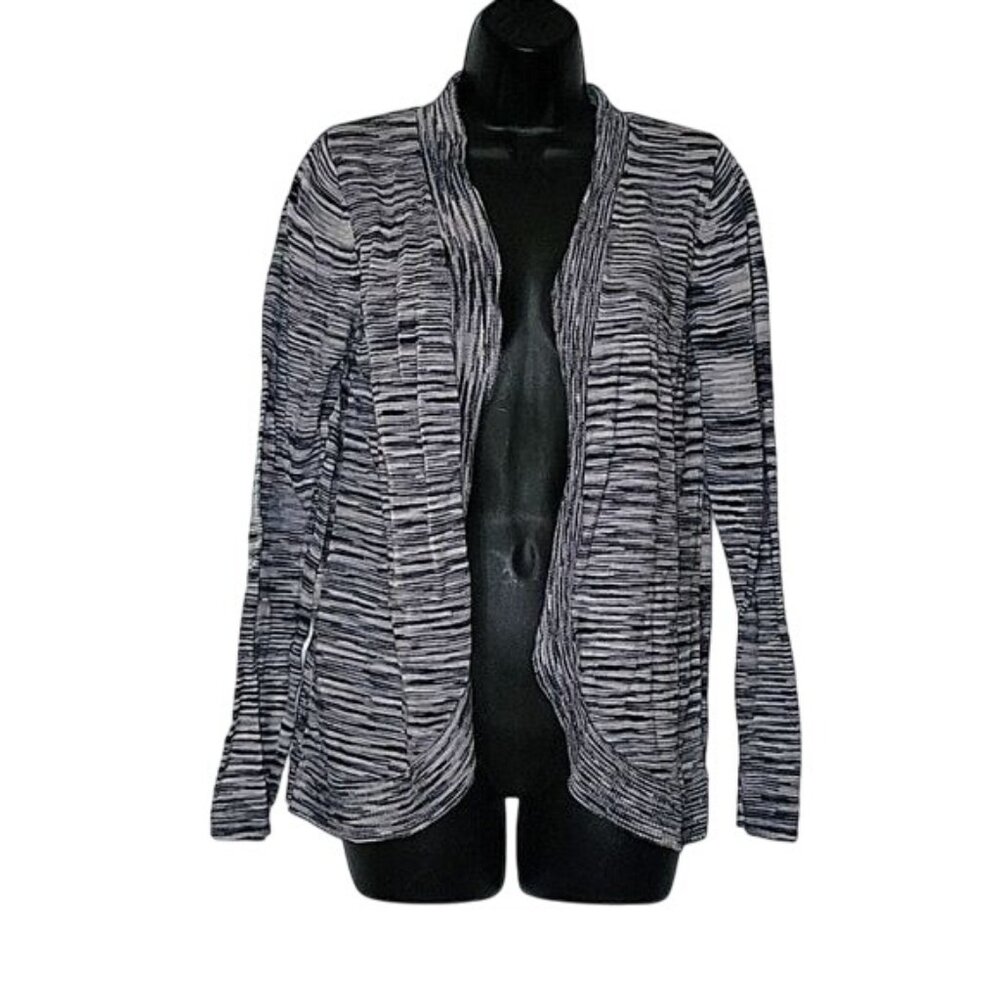 Croft & Barrow Womens Open Front Cardigan Sweater M Gray & White Lightweight Kni